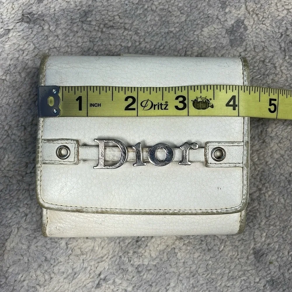 Vintage Christian Dior White Leather Compact Snap Wallet Floating Charm Logo